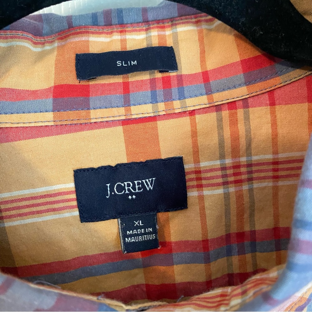J Crew Short Sleeve Button Down Shirt Mens XL Tan Gray Plaid Preppy Slim Fit - Picture 3 of 8
